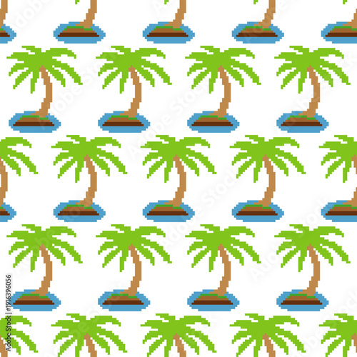 Seamless pattern with tropical palm tree pixel art