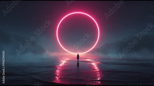 Person stands before a glowing red neon anime style circle on a foggy beach