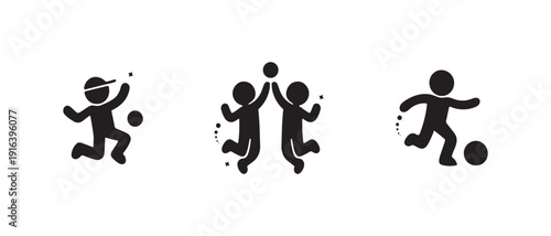 Kid Playing Soccer Silhouette Icon. Children Sport Pictogram Pack, Kid Stick Figure, Running, Kicking and High Five. Vector Illustration