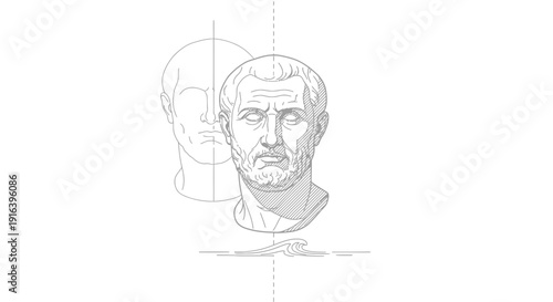 Classical Bust Sculpture Drawing with Construction Lines and Faint Outline