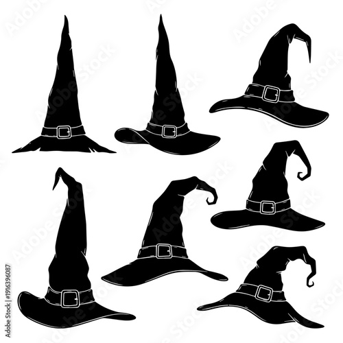 A collection of five black witch hat silhouettes with buckles for Halloween design.