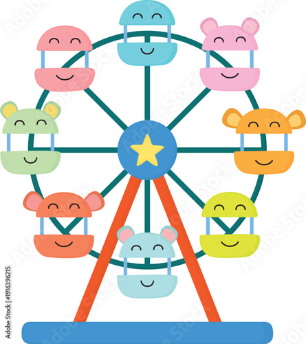 Bright ferris wheel with playful animal-shaped cabins. Illustration of fun fair carnival ride isolated on white