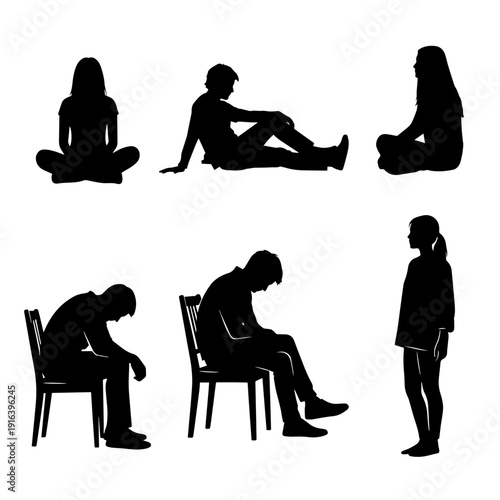 Minimalist black icons of people sitting cross-legged or leaning back on chairs and benches.