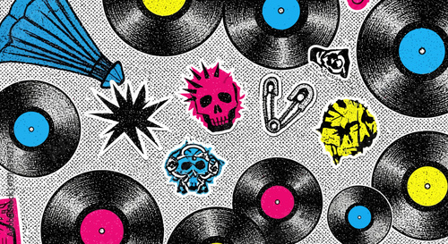 vinyl records and punk rock stickers, music background