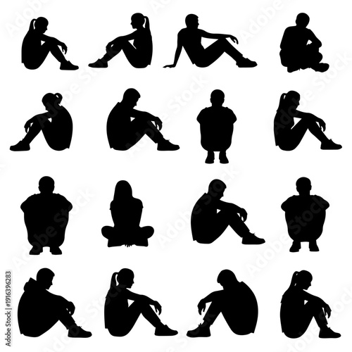 Various male and female figures sitting on chairs or the ground in relaxed poses.