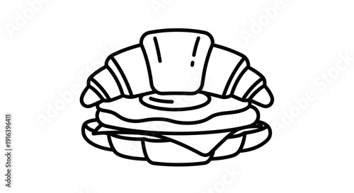 Croissant Breakfast Sandwich with Fried Egg and Cheese, Line Art Icon