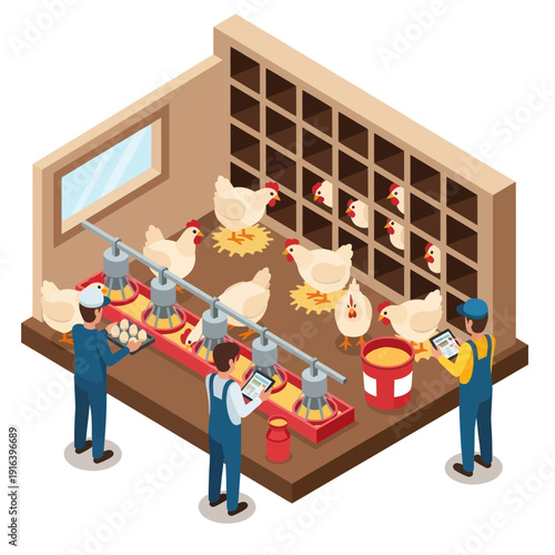 Farmers Collecting Eggs from Chicken Coop.