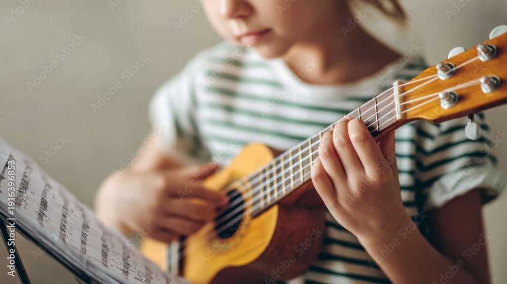 Fototapeta premium Young child learning to play ukulele, practicing music lesson with sheet notes for hobby and education