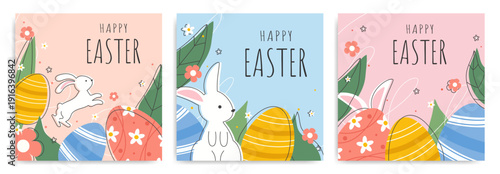Happy Easter square greeting cards set with bunny, flowers and decorative eggs. Modern posters in minimalist style