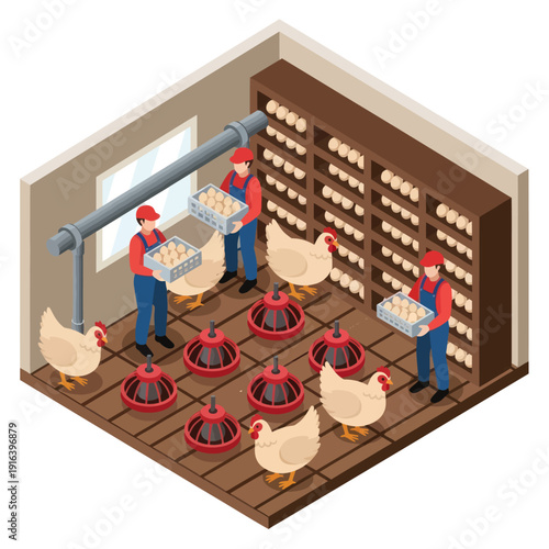 Farmers Collecting Eggs from Chickens in Coop.