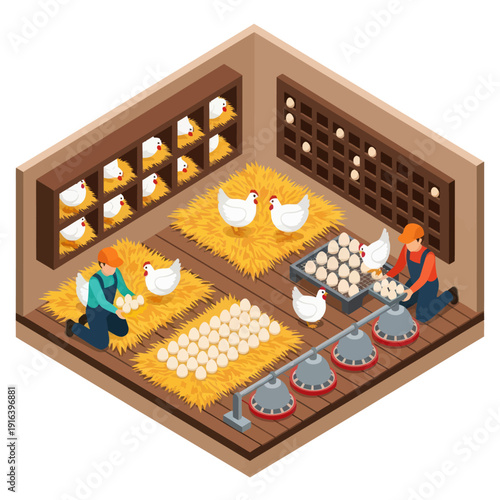 Farmers Collecting Eggs from Chicken Coop.