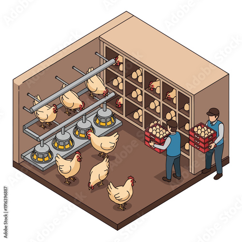 Poultry Farm with Chickens and Farmer.