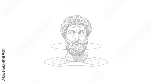 Ancient Greek Bust Sculpture Emerging from Rippling Water, Symbolizing Wisdom and Serenity