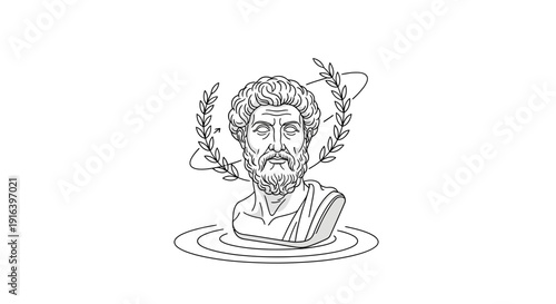 Ancient Greek Bust Sculpture with Laurel Wreath and Abstract Swirls