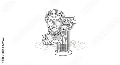 Ancient Greek Bust Sculpture of a Philosopher with Laurel Wreath on Column