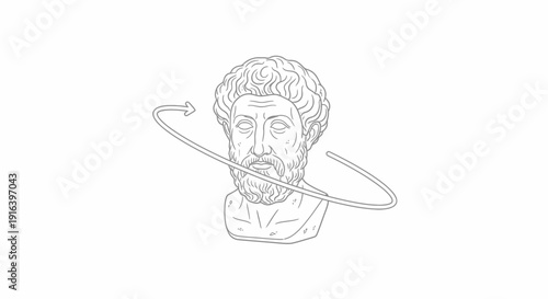 Ancient Greek Bust Sculpture with Rotating Arrow Icon, Symbolizing History, Art, and Rotation