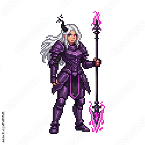 pixel art dark elf female warrior in purple plate armor wielding a magical energy spear.