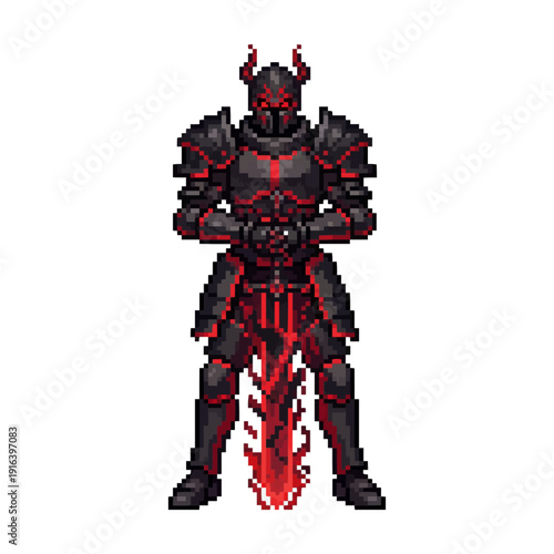 pixel art dark knight in heavy black armor with glowing red energy and demonic horns.