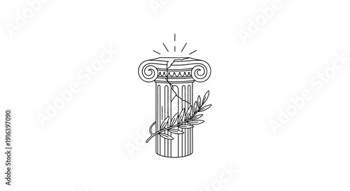 Ancient Greek Column with Olive Branch and Light Rays - Symbol of Wisdom and Peace
