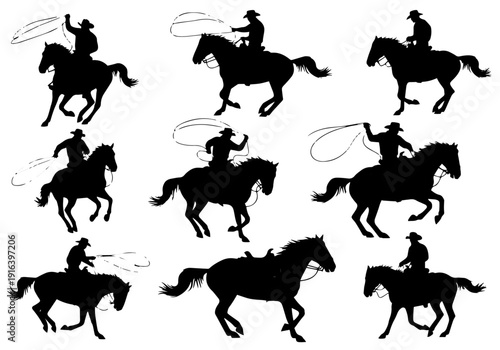 Capturing the Essence of Cowboy Life with Minimalist Black Silhouettes of Horse Riders and Lassos