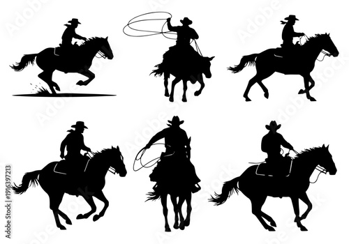 Traditional Western Heritage Illustrated Through Six Unique Silhouettes of Ranchers Riding at Full Speed Today