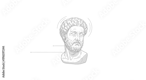 Ancient Roman Bust Sculpture of a Bearded Man with Halo, Minimalist Line Art on White Background