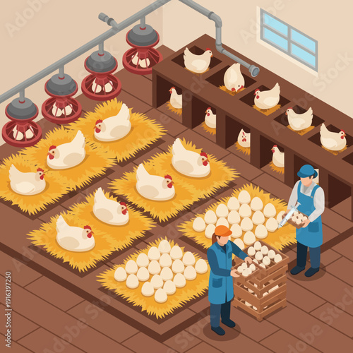 Farmers Collecting Eggs from Chicken Coop.