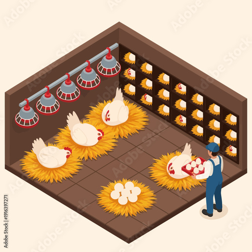 Farmer Collecting Eggs from Chicken Coop.