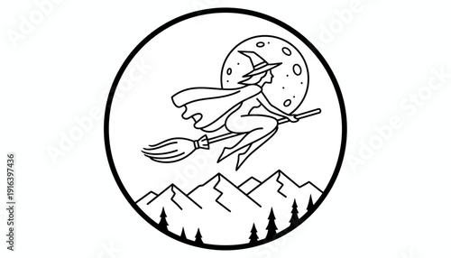Witch Flying Broomstick Moon Mountains Night Sky Outline Icon Vector Illustration