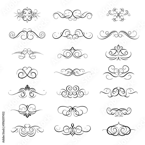 Sharp black vector outlines of classical scrollwork patterns for use in sophisticated graphic layouts.