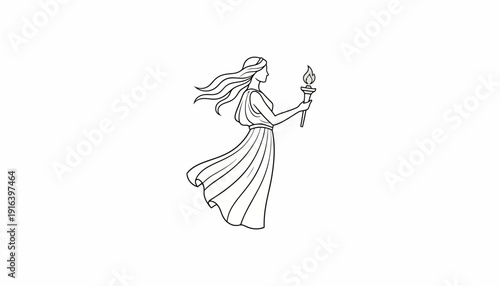 Woman Holding Torch, Symbol of Liberty and Enlightenment, Line Art Illustration