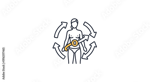 Woman with Key in Navel Surrounded by Circular Arrows, Symbolizing Core Strength and Inner Power