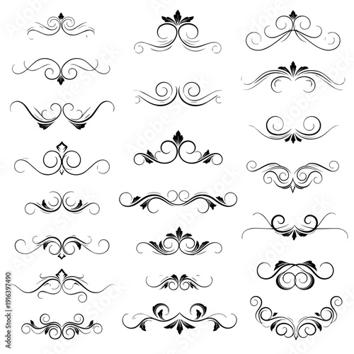 Intricate black vector ornaments featuring symmetrical curls and graceful line work on white background.