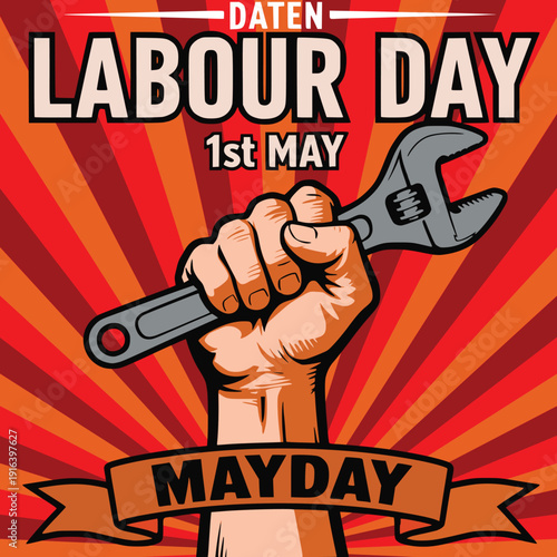 International Workers’ Day Vector Illustration, Worker Holding Hammer, Creative Design on Red and White Background