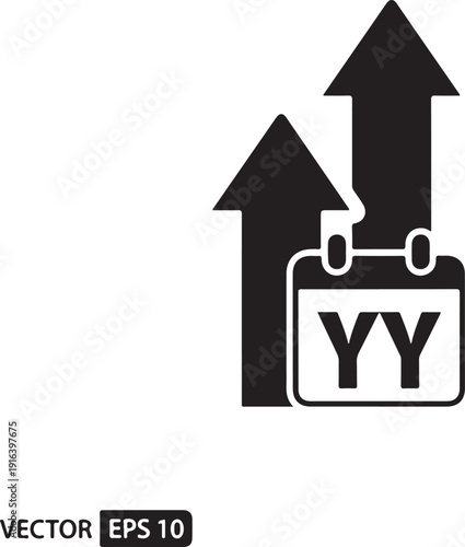 Black calendar with two upward arrows and Y text date year up arrow desi