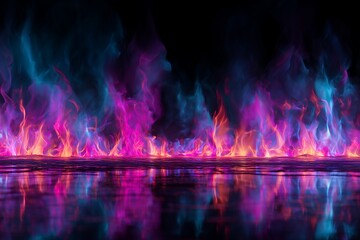 Abstract digital rendering of vibrant pink and blue neon flames reflecting on a dark, wet floor surface, concept for energy backgrounds, futuristic display designs and party invitations