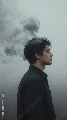 Side profile of a young man with smoke rising from his head against a gray background symbolizing burnout and stress in a mental health or creative overthinking abstract art concept