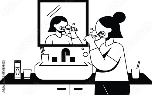 Woman brushing teeth in front of bathroom mirror