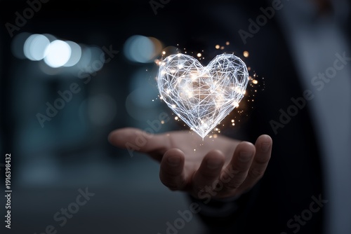 A senior executive's hand holds a glowing polygonal wireframe heart on a dark blurred bokeh background, concept for digital networking, future customer care and social media marketing