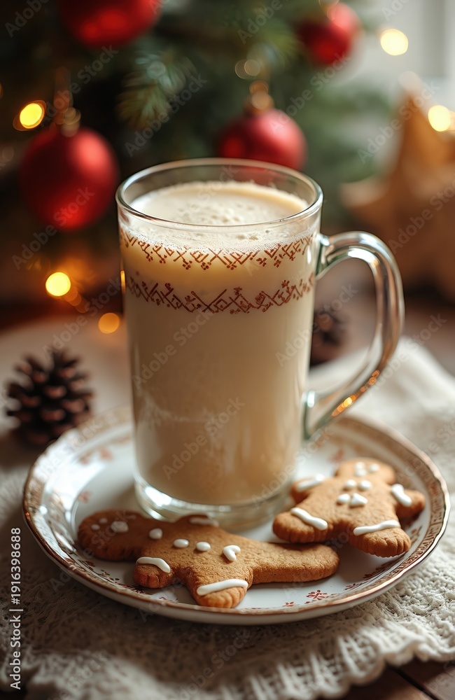 Fototapeta premium Christmas eggnog in mug with gingerbread cookies. Cozy holiday scene with festive tree lights and decorations. Warm winter beverage perfect for celebrations and family gatherings.
