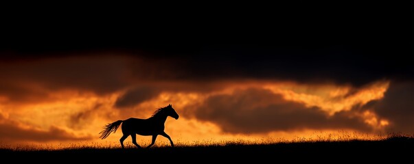 Silhouette of a running horse on a grassy hill against a vivid orange and black sunset sky, concept for nature photography, wildlife themes and equestrian advertising