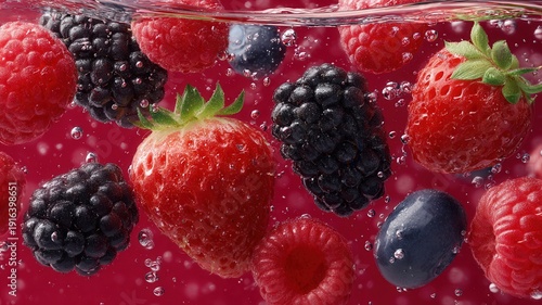 Fresh berries splashing in water, creating refreshing healthy drink concepts with juicy colors and fruit vibrant