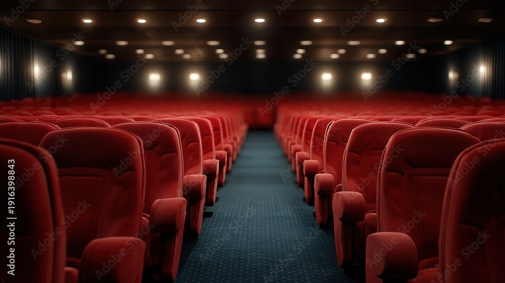 Obraz premium Empty cinema auditorium with rows of red velvet seats waiting for audience, showcasing entertainment and leisure