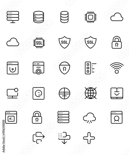 Minimal Line Cloud Computing And Database Vector Icon Set Outline Server Storage Network Symbols