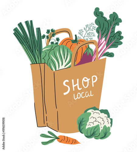 Vector paper bag with vegetables. Shop local concept in flat hand drawn style. Healthy food illustration. Cartoon vegetables for banners, posters, supermarket template
