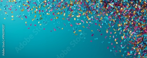 Shiny gold, blue and pink confetti and streamers border on a teal gradient background, concept for New Year events, promotional campaigns and party invitations