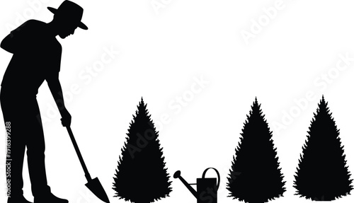 Gardener planting evergreen trees with shovel and watering can, silhouette man landscaping garden, nature care concept, black and white vector illustration
