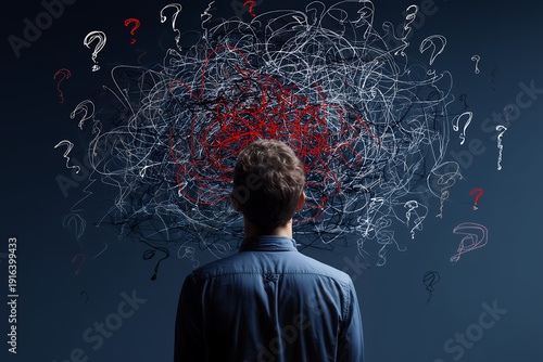 Obraz na płótnie Rear view of a frustrated young professional looking at complex tangled lines and floating question marks, concept for mental health campaigns, problem solving strategies and business analysis