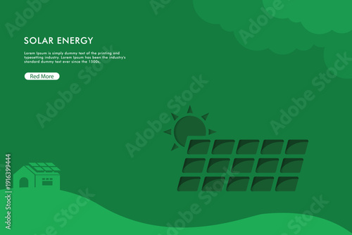 Solar Energy. Sustainable and alternative renewable energy concept. Green nature landscape background. Paper art of ecology and environment concept. Vector Illustration
