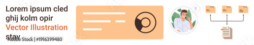 Business processes, data organization, team collaboration, workflow optimization, document management, communication tools. A user profile, document workflow and file-sharing icons. Business
